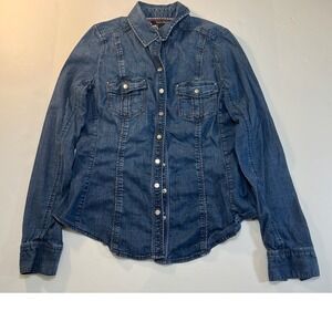 White House Black Market Denim Shirt Womens 10 Blue Snap Front Western Chambray